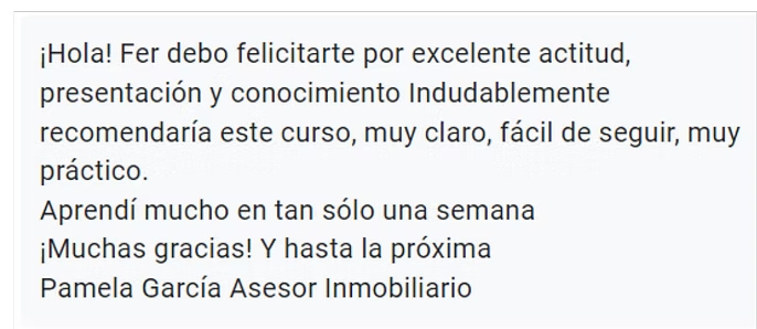Reseña de Pamela García, asesor inmobiliario: curso muy claro, fácil de seguir y práctico