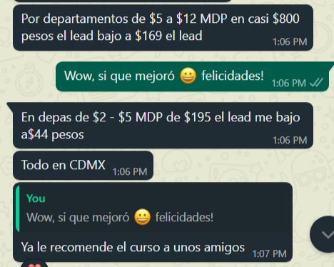 Conversación: el costo por lead bajó de $800 a $169 y de $195 a $44