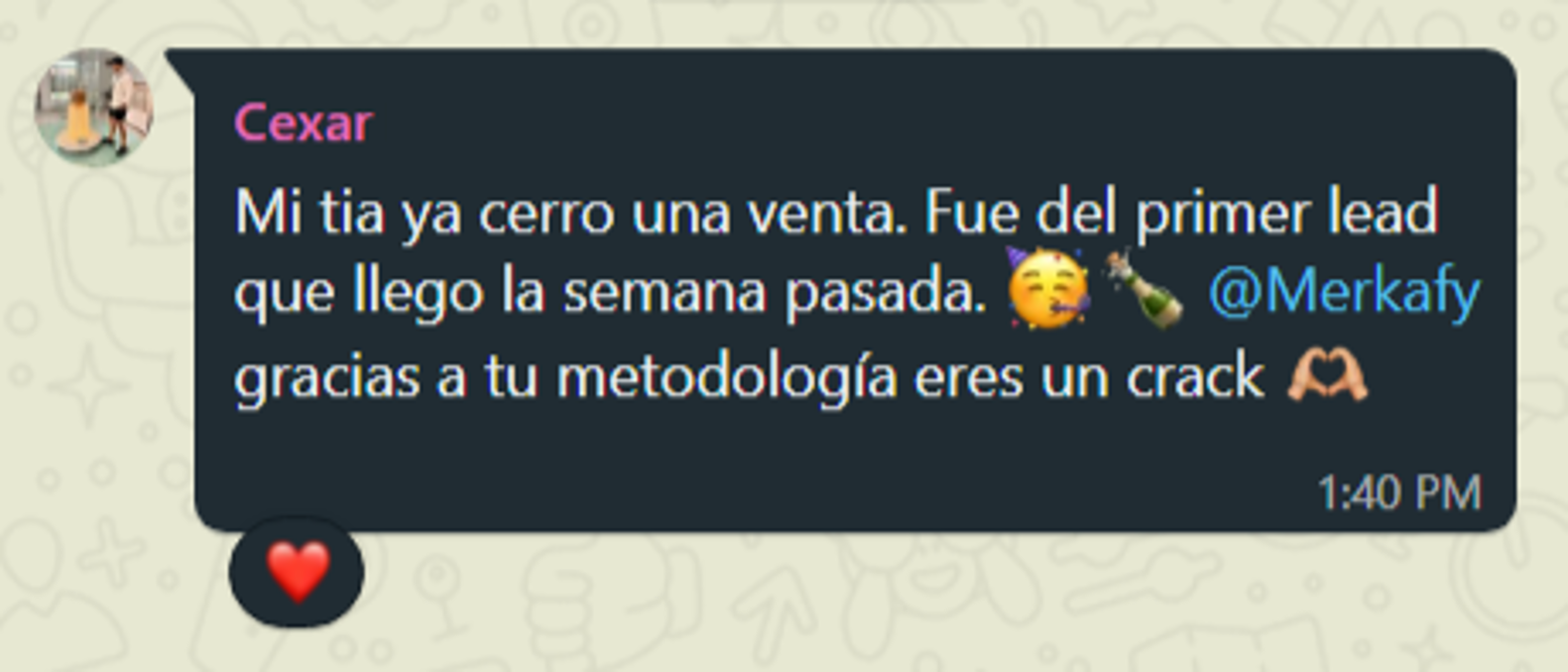 Mensaje de Cexar: cerró una venta del primer lead de la campaña