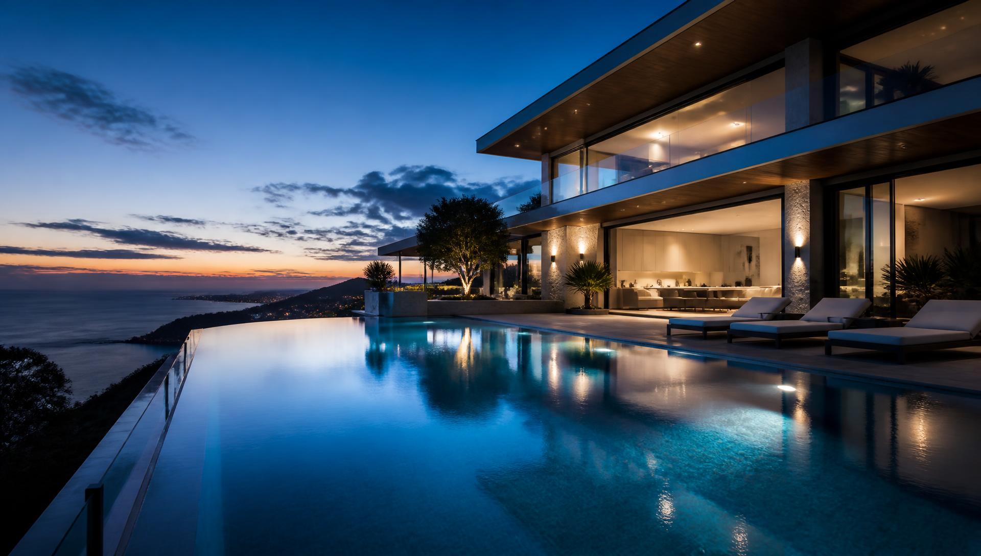 Residencia contemporánea de lujo con alberca al atardecer